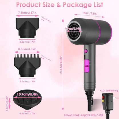1800W Hair Dryer Portable Compact Hair Blow Dryer with Cool/Warm/Hot Wind with Diffuser Concentrator/Comb Nozzle ALCI Plug Overheat Protection for Women Man Straight Curly Hair