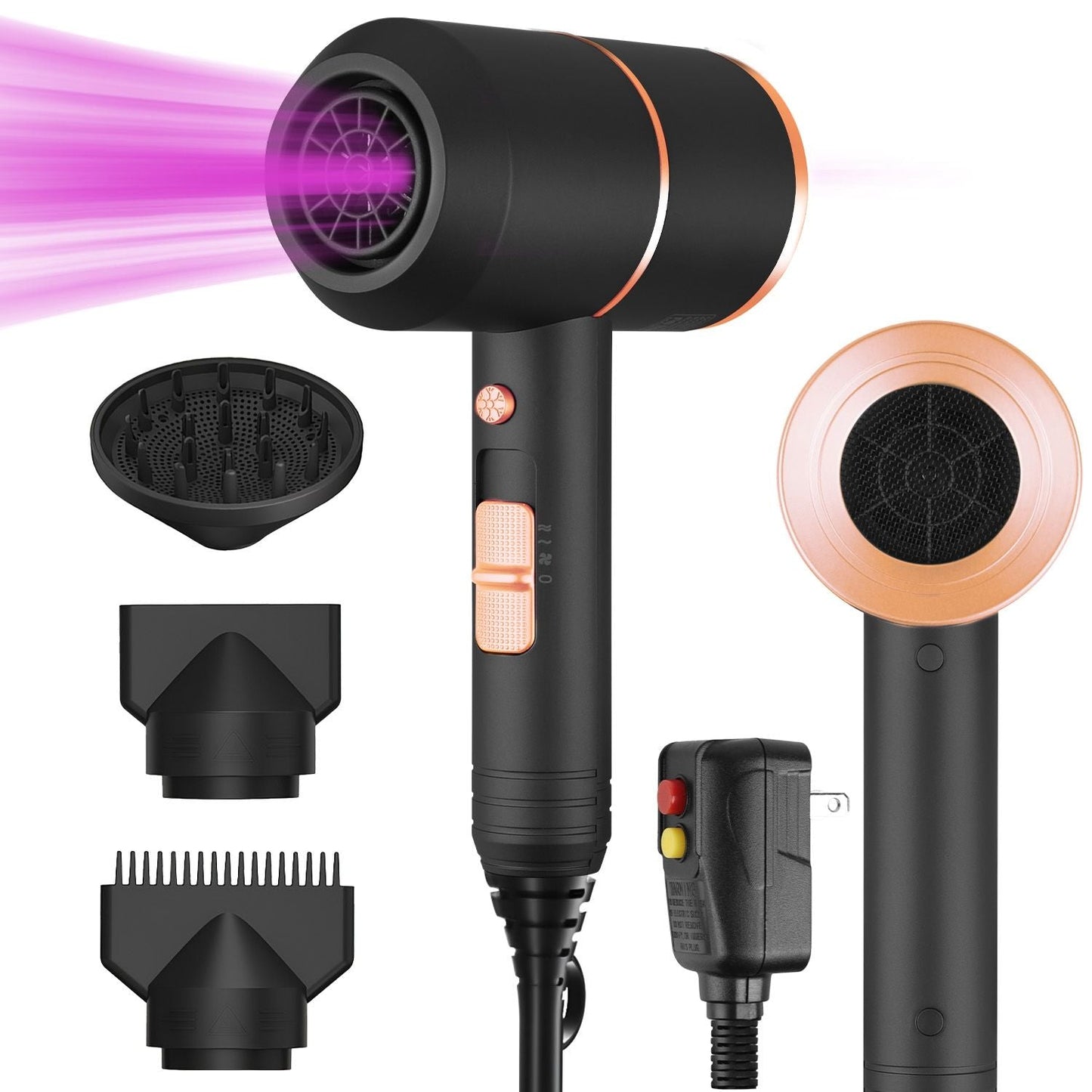 1800W Hair Dryer Portable Compact Hair Blow Dryer with Cool/Warm/Hot Wind with Diffuser Concentrator/Comb Nozzle ALCI Plug Overheat Protection for Women Man Straight Curly Hair