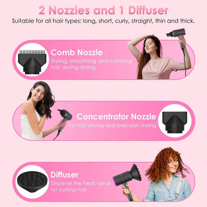 1800W Hair Dryer Portable Compact Hair Blow Dryer with Cool/Warm/Hot Wind with Diffuser Concentrator/Comb Nozzle ALCI Plug Overheat Protection for Women Man Straight Curly Hair