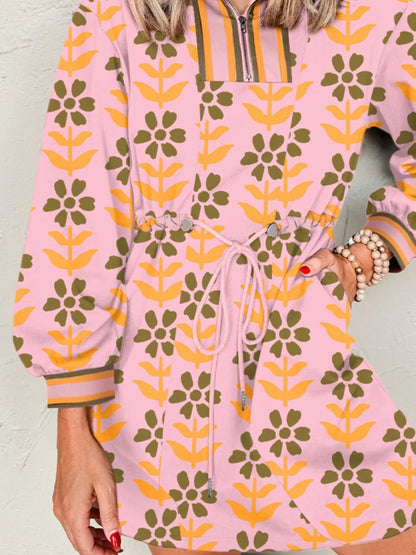 Printed Drawstring Waist Mini Dress