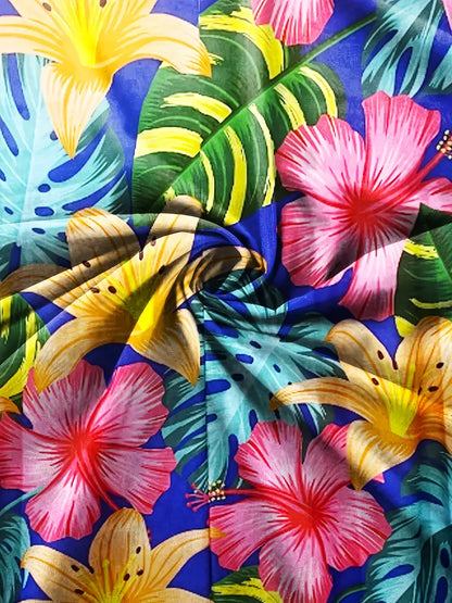 Women's Tropical Floral & Green Leaf Print V-Neck Short Sleeve Dress