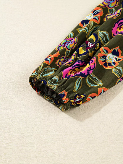 Floral Print Split Neck Bubble Sleeve Shift Mini Dress