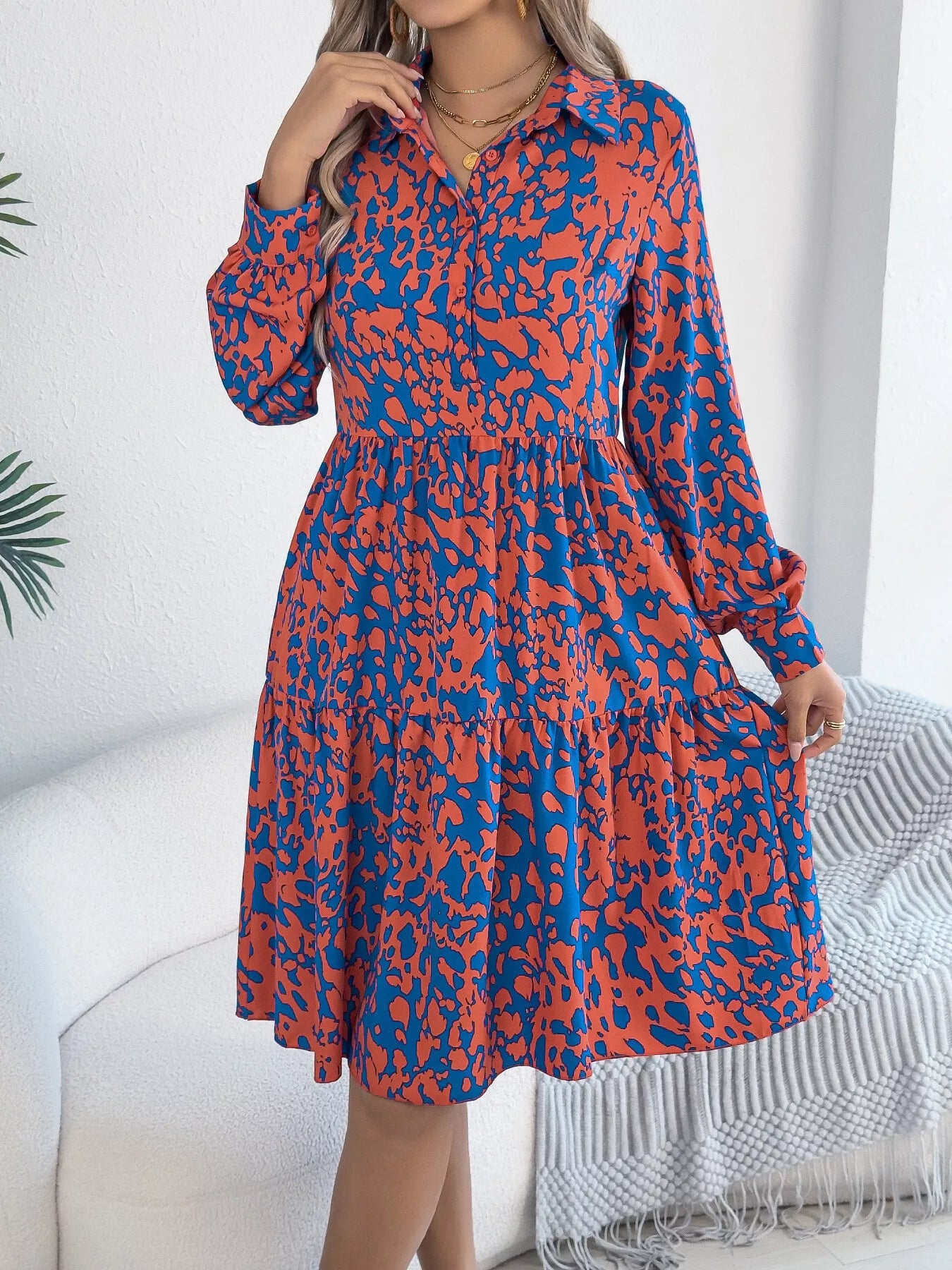 Printed Collared Neck Long Sleeve Dress