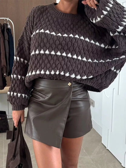 Chunky Knit Striped Sweater with Balloon Sleeves