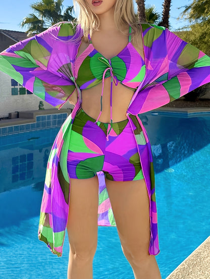 Kimono Geometric 3Piece Swimwear Set Bikini Shorts