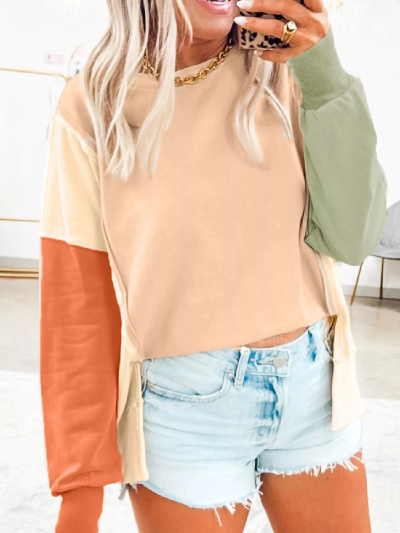 Color Block Round Neck Oversized Sweatshirt