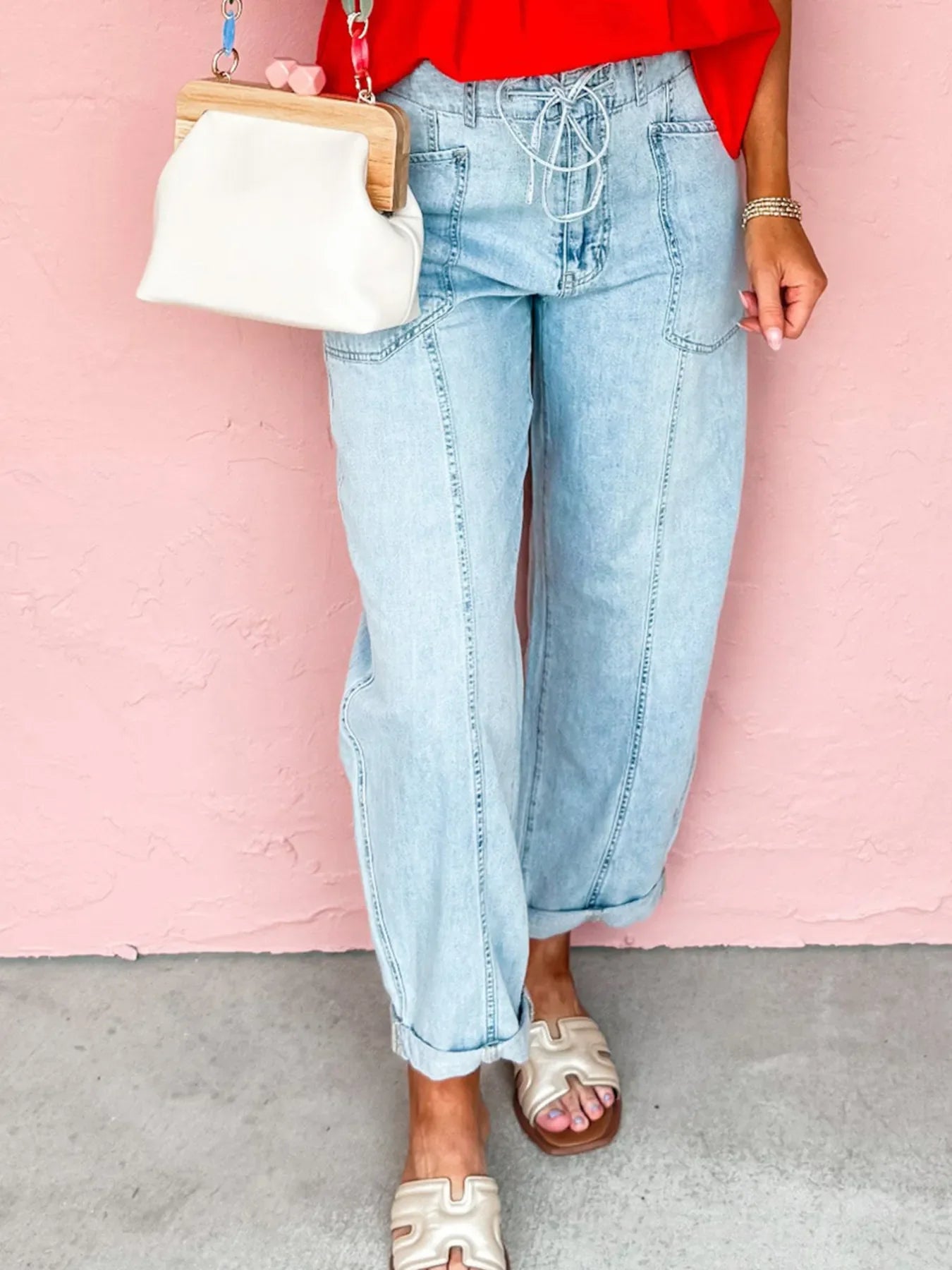 Drawstring Washed Relaxed Fit Boyfriend Jeans