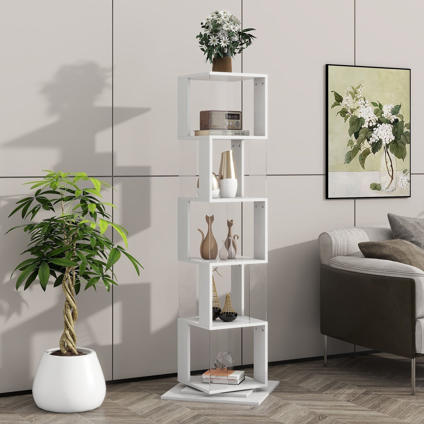 5 tier Rotating Bookshelf, Floor Rack Simple Bookcase with Acrylic plate Student Multi-Function Creative Bookshelf for Living Room with anti-toppling base