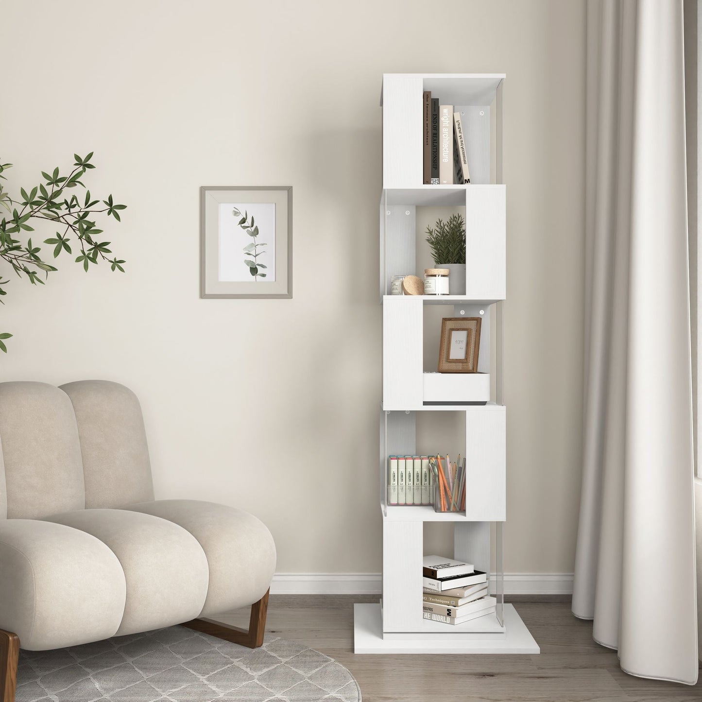 5 tier Rotating Bookshelf, Floor Rack Simple Bookcase with Acrylic plate Student Multi-Function Creative Bookshelf for Living Room with anti-toppling base