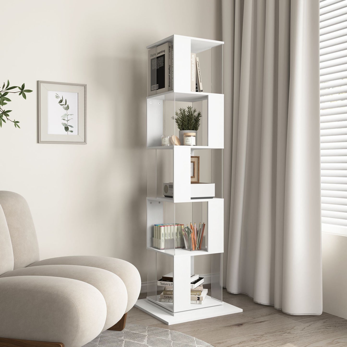 5 tier Rotating Bookshelf, Floor Rack Simple Bookcase with Acrylic plate Student Multi-Function Creative Bookshelf for Living Room with anti-toppling base