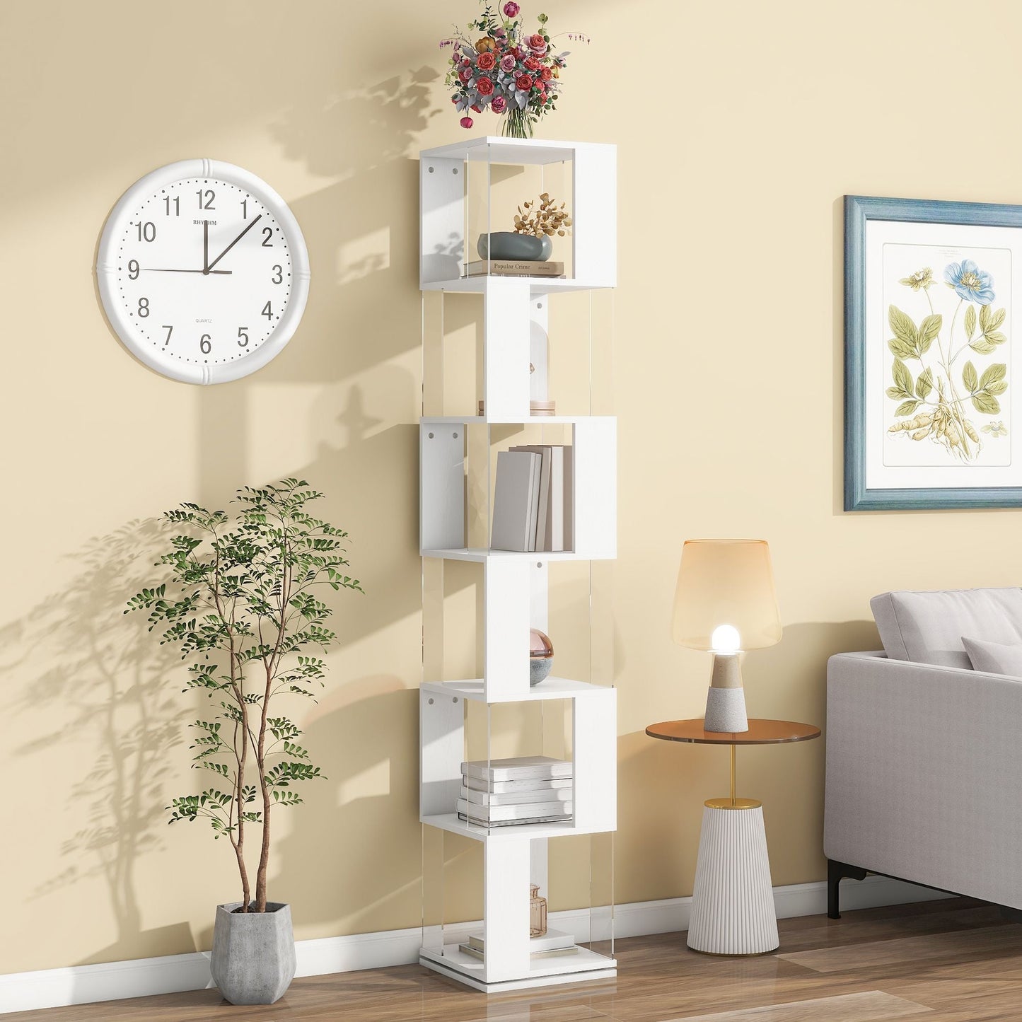 5 tier Rotating Bookshelf, Floor Rack Simple Bookcase with Acrylic plate Student Multi-Function Creative Bookshelf for Living Room with anti-toppling base