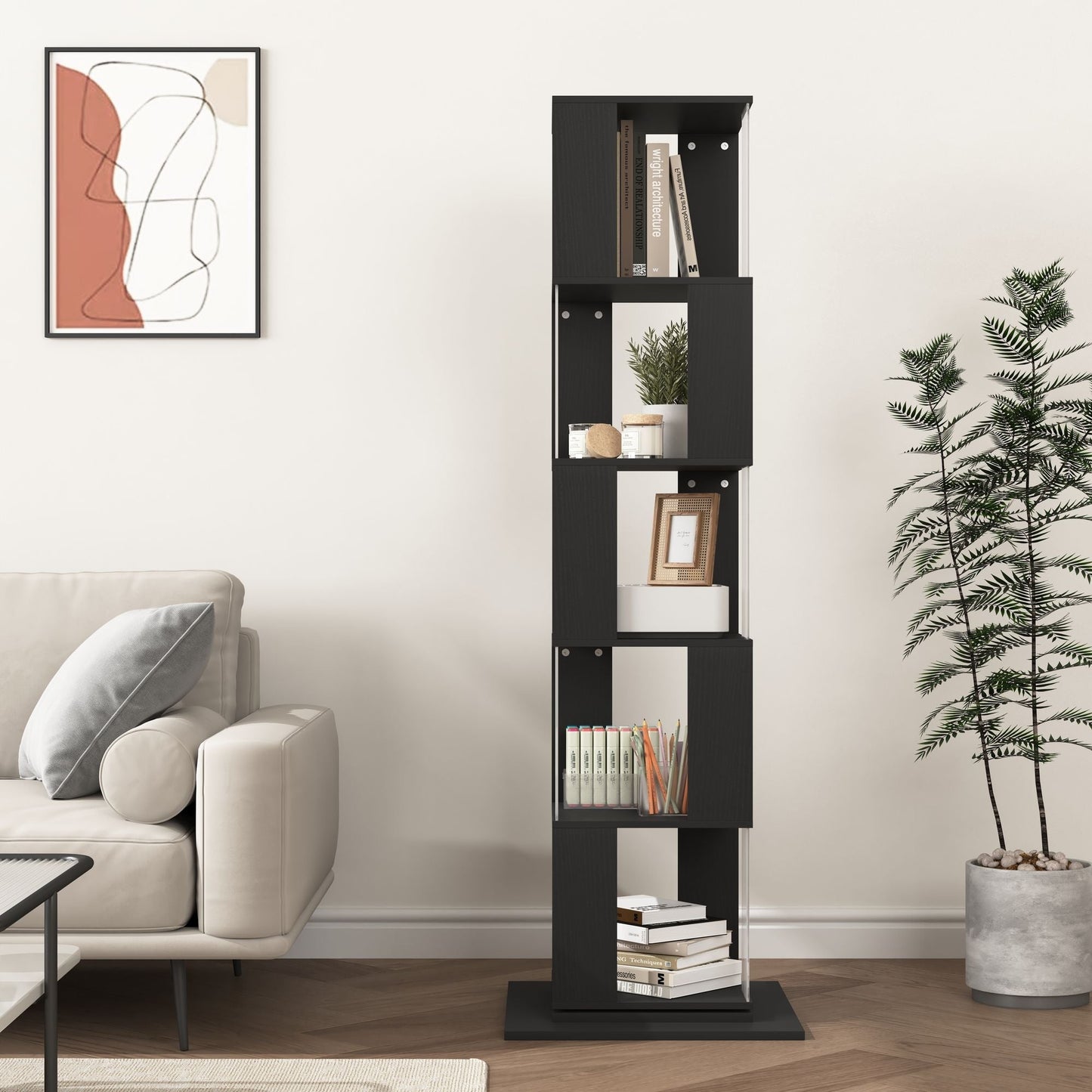 5 tier Rotating Bookshelf, Floor Rack Simple Bookcase with Acrylic plate Student Multi-Function Creative Bookshelf for Living Room with anti-toppling base
