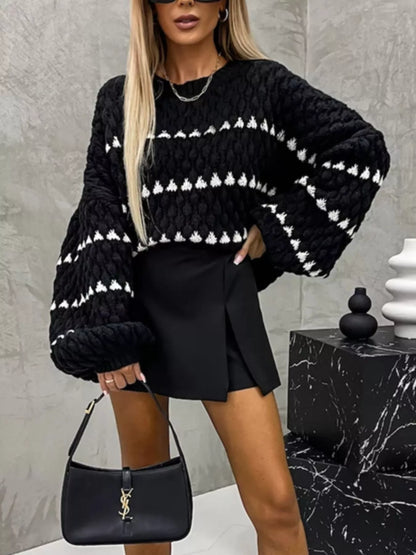 Chunky Knit Striped Sweater with Balloon Sleeves