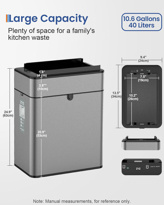zyz Kitchen Trash Can 10.6 Gallon / 40 Liter, Garbage Cans with Butterfly Lid, Automatic Sensor Trash Bin, USB Type C 1500mAh Battery, Stainless Steel, Touchless and Soft Close, Restaurants Garages