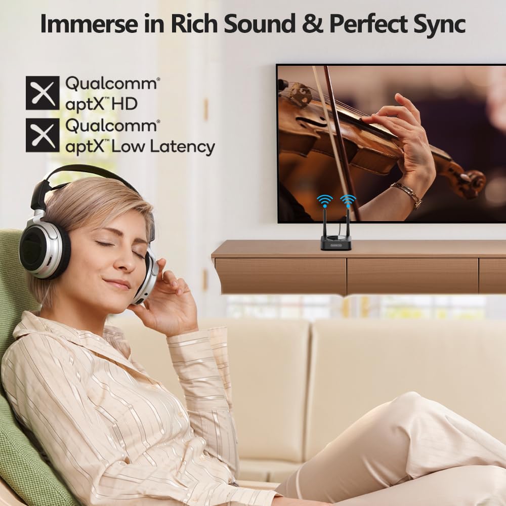 1Mii B06TX Bluetooth 5.2 Transmitter for TV to Wireless Headphone/Speaker, Bluetooth Adapter for TV w/Volume Control, AUX/RCA/Optical/Coaxial Audio Inputs, Plug n Play, aptX Low Latency & HD