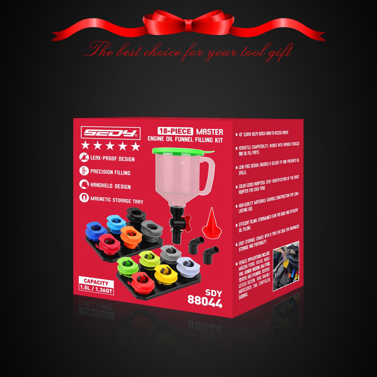 18-Piece Engine Oil Funnel Set, 1.59QT/1.5L Automotive Oil Funnel Kit with 12 Adapters, Elbow Fitting, Arrow Screen and Magnetic Storage Hooks Tray, Compatible with GM, Ford, BMW, Audi, Land Rover Etc