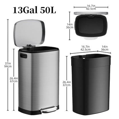 13 Gallon Trash Can with Lid, 50L Fingerprint Proof Stainless Steel Kitchen Trash Can with Removable Inner Bucket and Lid Soft Close, Pedal Rubbish Bin for Home Office（Silver）