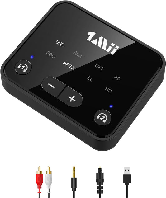 1Mii Bluetooth 5.3 Transmitter for TV to 2 Wireless Headphones, Long Range 100ft Bluetooth Adapter for TV aptX Low Latency& HD/Volume Control, Optical/USB/AUX/RCA Audio Inputs