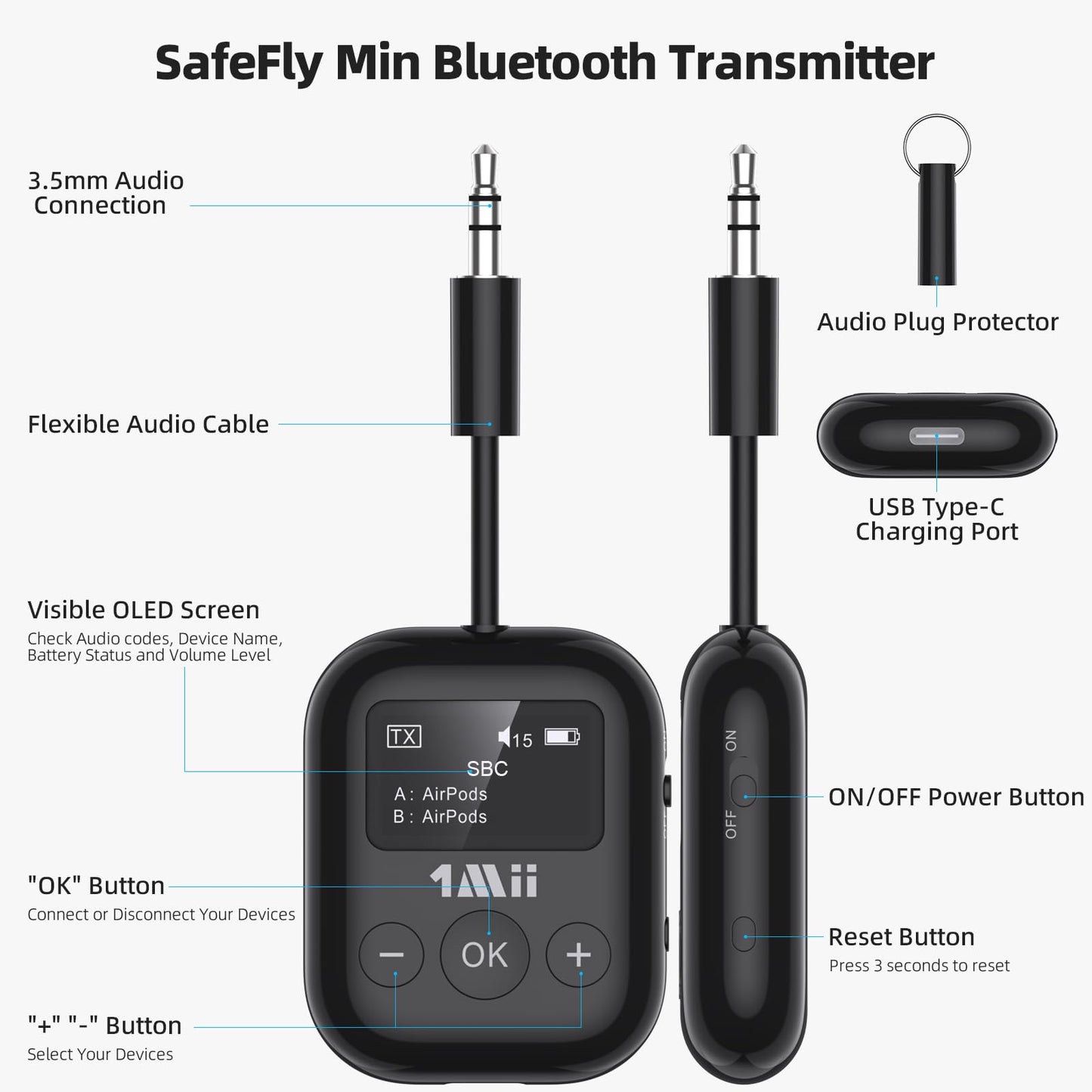 1Mii Bluetooth Transmitter for Airplane, Bluetooth 5.3 Adapter for TV,Airplane Travel Essentials, Aptx Low Latency Wireless Audio Aux for Headphones, Any 3.5mm Jack,Linking 2 Devices (White)