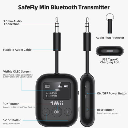 1Mii Bluetooth Transmitter for Airplane, Bluetooth 5.3 Adapter for TV,Airplane Travel Essentials, Aptx Low Latency Wireless Audio Aux for Headphones, Any 3.5mm Jack,Linking 2 Devices (White)