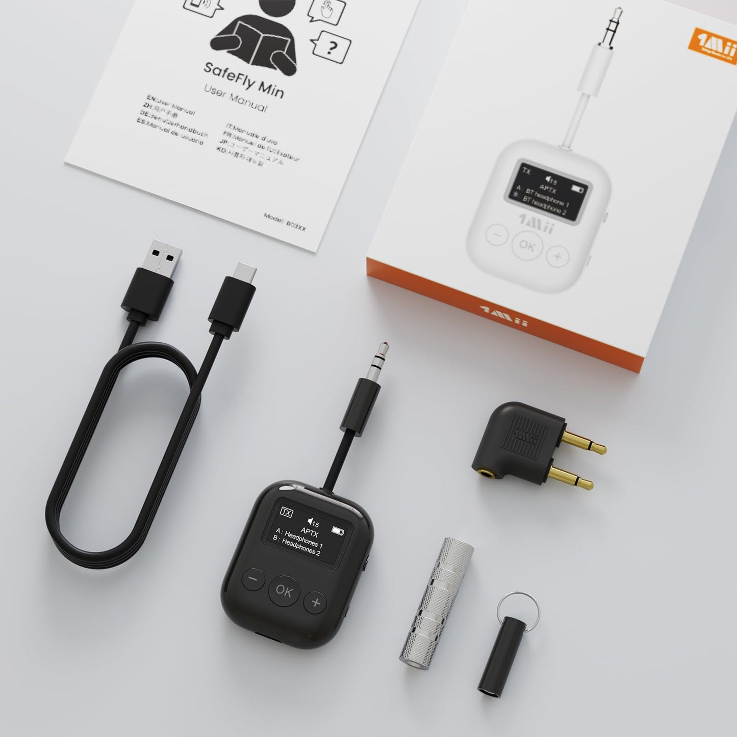 1Mii Bluetooth Transmitter for Airplane, Bluetooth 5.3 Adapter for TV,Airplane Travel Essentials, Aptx Low Latency Wireless Audio Aux for Headphones, Any 3.5mm Jack,Linking 2 Devices (White)