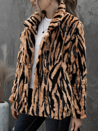 Plus Size Tiger Stripe Faux Fur Double Breasted Winter Coat
