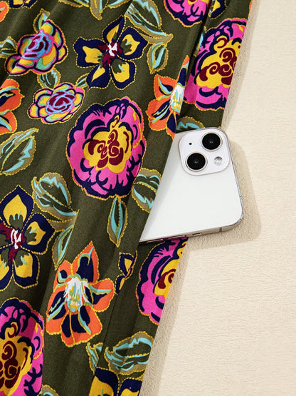 Floral Print Split Neck Bubble Sleeve Shift Mini Dress