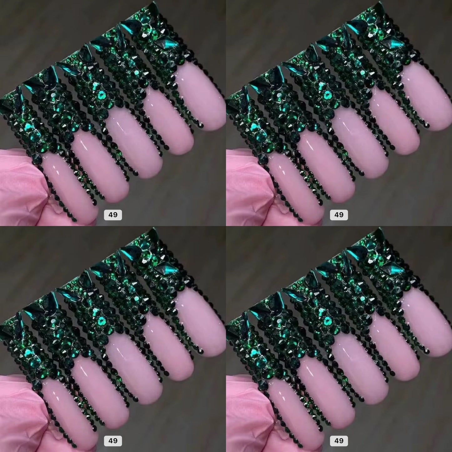 Green crystal long press on nails