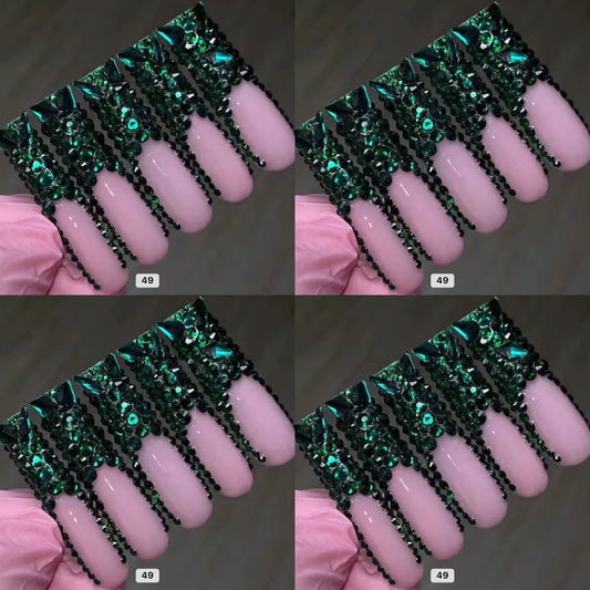 Green crystal long press on nails