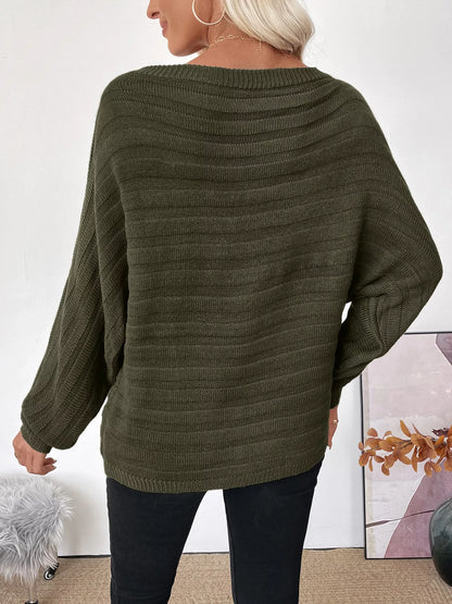 Boat Neck Ribbed Long Sleeve Sweater