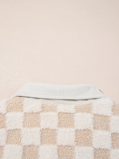 Checker Sherpa Corduroy Patchwork Zip Up Jacket