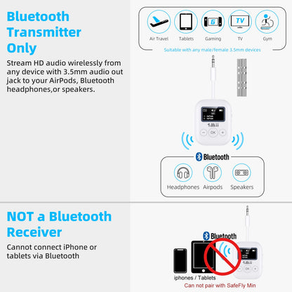 1Mii Bluetooth Transmitter for Airplane, Bluetooth 5.3 Adapter for TV,Airplane Travel Essentials, Aptx Low Latency Wireless Audio Aux for Headphones, Any 3.5mm Jack,Linking 2 Devices (White)