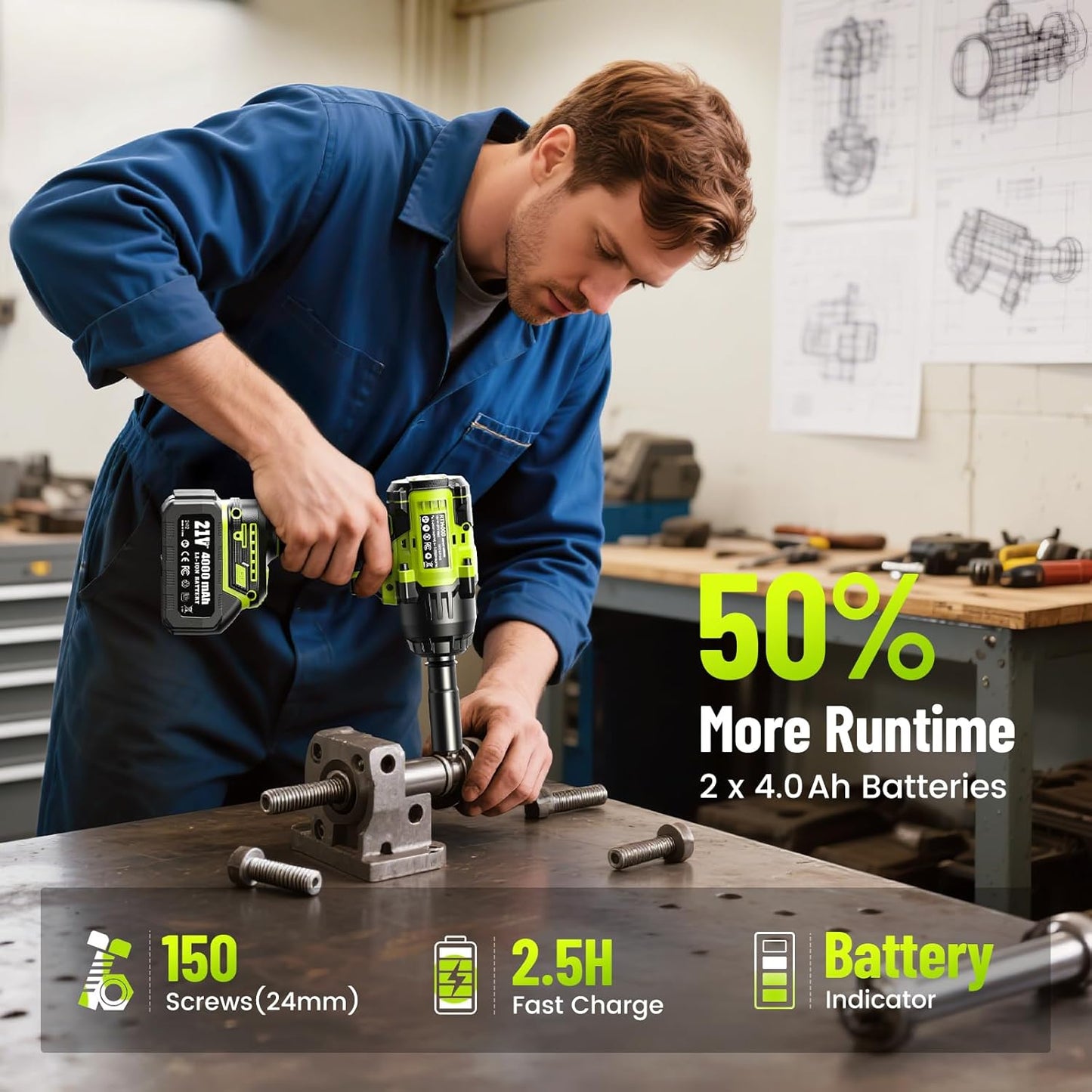 1400N.m (1032ft-lbs) Cordless Impact Wrench, 1/2 High Torque Brushless Impact Gun, 2400RPM Power, 2 x 4.0Ah Batteries, Fast Charger, Impact Wrench for Heavy Duty Truck RV Mower