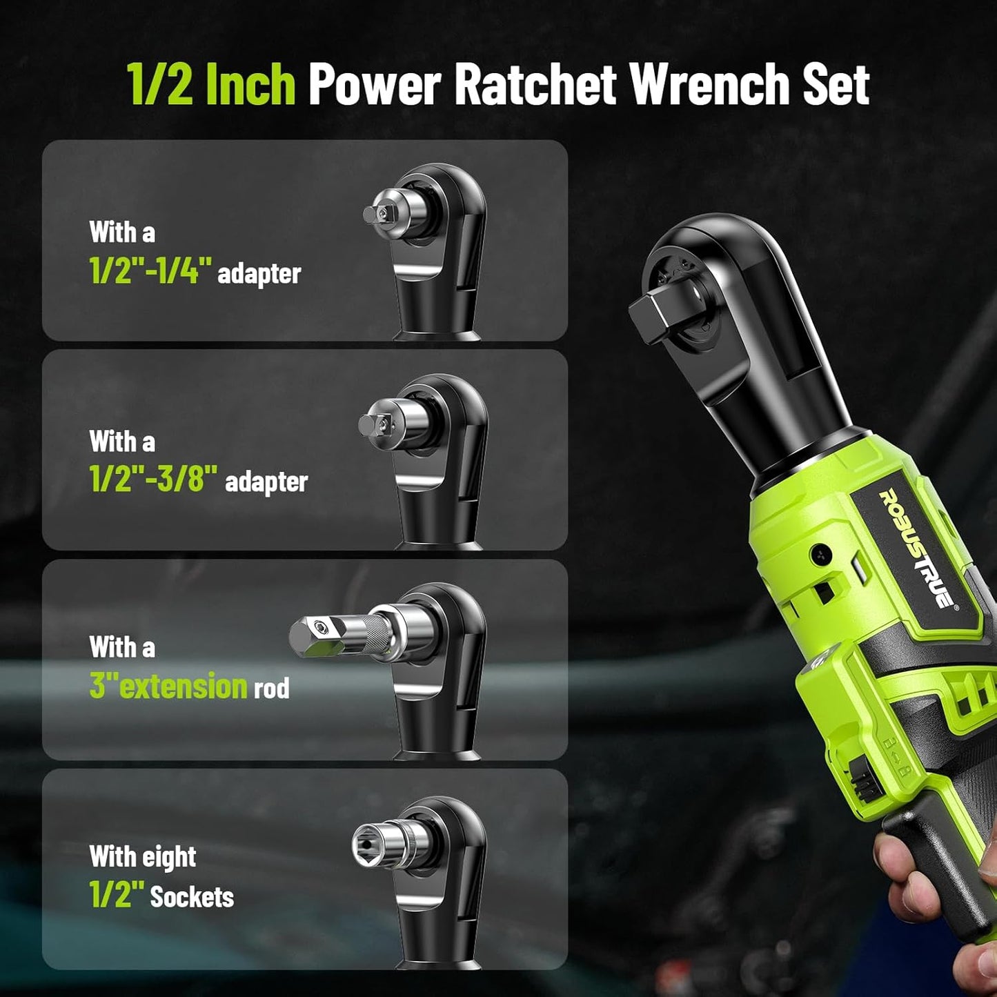 1/2" Electric Ratchet Wrench: 66Ft-lbs/400 RPM Variable Speed Cordless Power Ratchet Kit with 2x2000mAh Li-Ion Batteries, 8 Sockets, 1/4" and 1/2" Adapters, 3" Extension Bar for Auto Repair