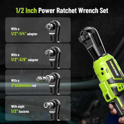 1/2" Electric Ratchet Wrench: 66Ft-lbs/400 RPM Variable Speed Cordless Power Ratchet Kit with 2x2000mAh Li-Ion Batteries, 8 Sockets, 1/4" and 1/2" Adapters, 3" Extension Bar for Auto Repair