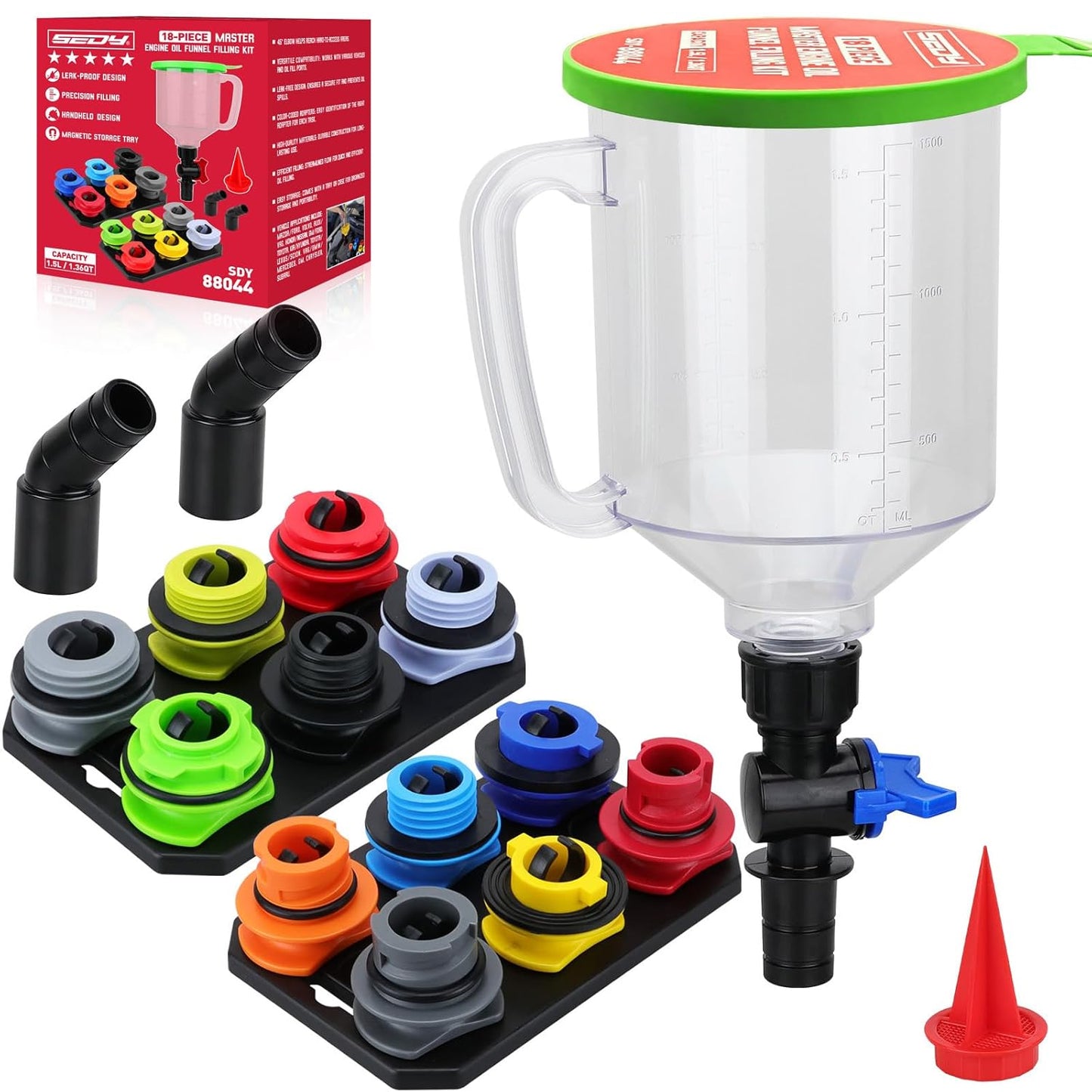 18-Piece Engine Oil Funnel Set, 1.59QT/1.5L Automotive Oil Funnel Kit with 12 Adapters, Elbow Fitting, Arrow Screen and Magnetic Storage Hooks Tray, Compatible with GM, Ford, BMW, Audi, Land Rover Etc