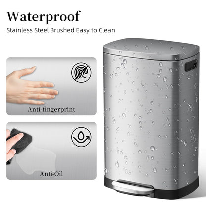 13 Gallon Trash Can with Lid, 50L Fingerprint Proof Stainless Steel Kitchen Trash Can with Removable Inner Bucket and Lid Soft Close, Pedal Rubbish Bin for Home Office（Silver）