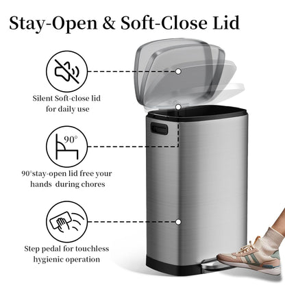 13 Gallon Trash Can with Lid, 50L Fingerprint Proof Stainless Steel Kitchen Trash Can with Removable Inner Bucket and Lid Soft Close, Pedal Rubbish Bin for Home Office（Silver）