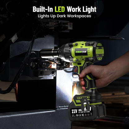 1400N.m (1032ft-lbs) Cordless Impact Wrench, 1/2 High Torque Brushless Impact Gun, 2400RPM Power, 2 x 4.0Ah Batteries, Fast Charger, Impact Wrench for Heavy Duty Truck RV Mower