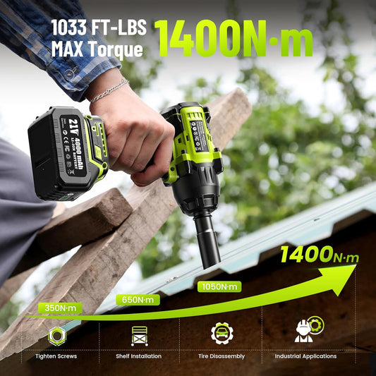 1400N.m (1032ft-lbs) Cordless Impact Wrench, 1/2 High Torque Brushless Impact Gun, 2400RPM Power, 2 x 4.0Ah Batteries, Fast Charger, Impact Wrench for Heavy Duty Truck RV Mower