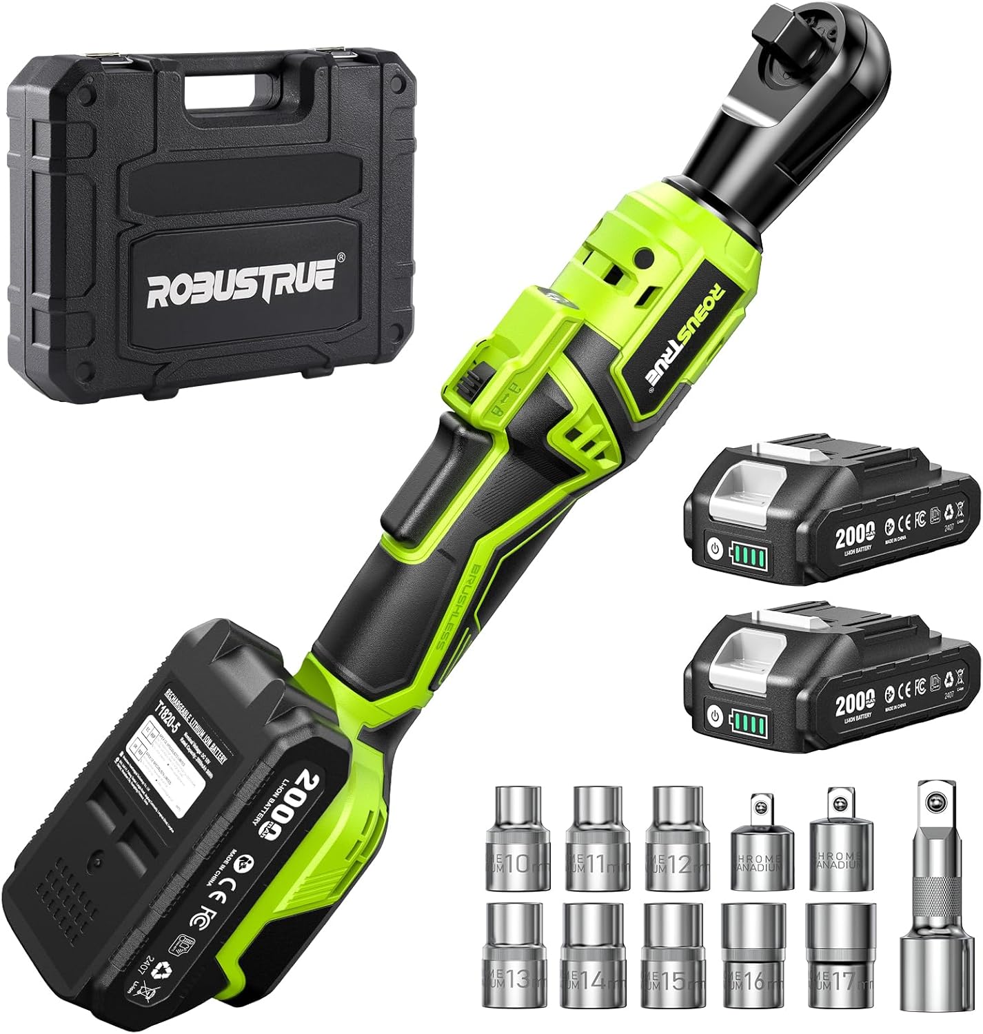 1/2" Electric Ratchet Wrench: 66Ft-lbs/400 RPM Variable Speed Cordless Power Ratchet Kit with 2x2000mAh Li-Ion Batteries, 8 Sockets, 1/4" and 1/2" Adapters, 3" Extension Bar for Auto Repair