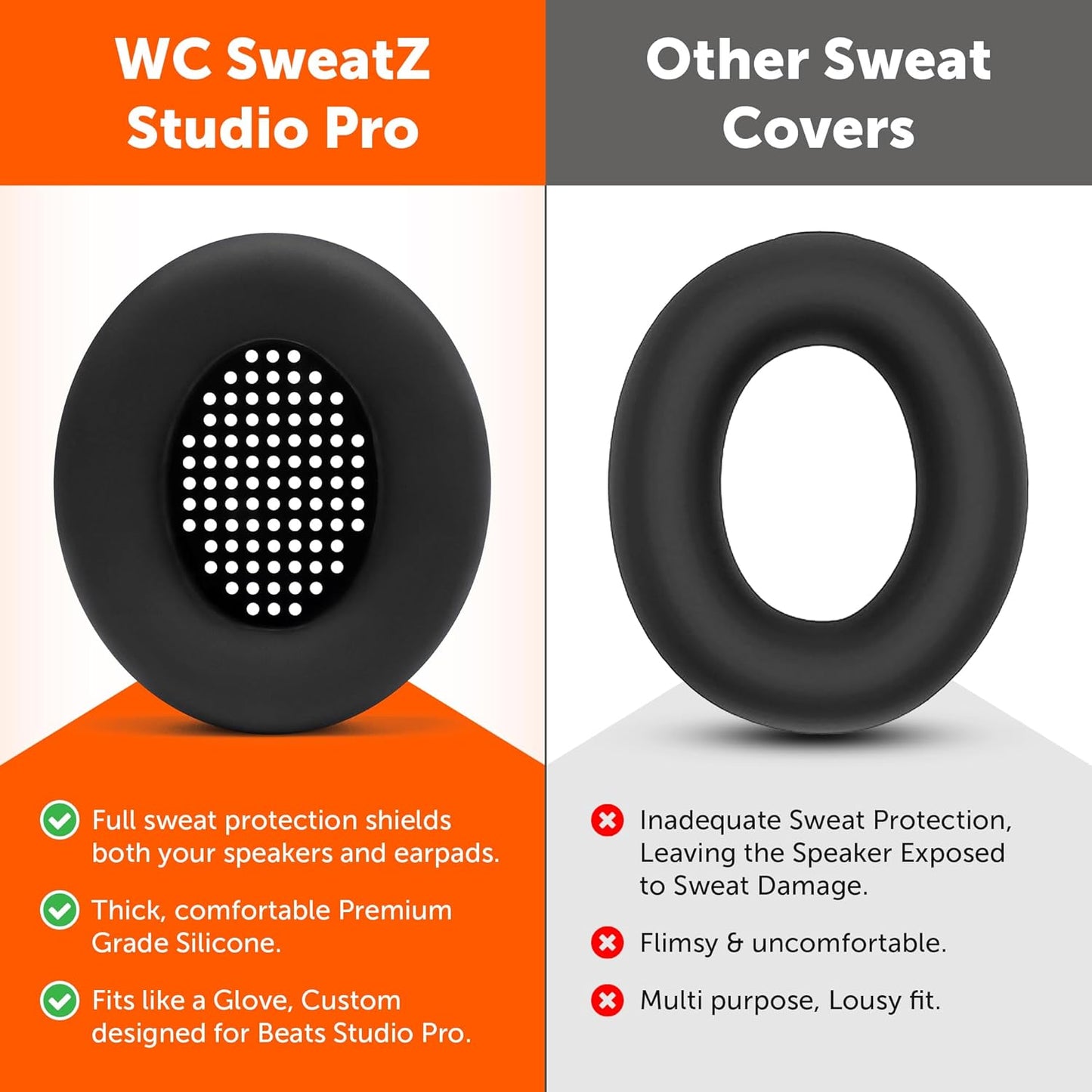 WC SweatZ Studio Pro - Patented Protective Silicone Earpad Covers for Beats Studio Pro Made by Wicked Cushions | Sweatproof & Easily Washable | Black
