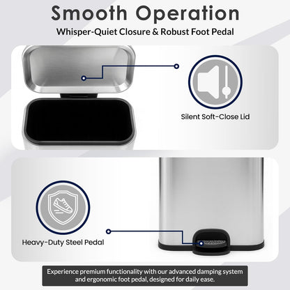 13 Gallon/50 L Trash Can with Lid - Rectangular Smudge-Resistant Kitchen Trash Can With Soft-Close Foot Pedal - Stainless Steel Garbage Can for Kitchen, Bathroom, or Office - Indoor and Outdoor Use