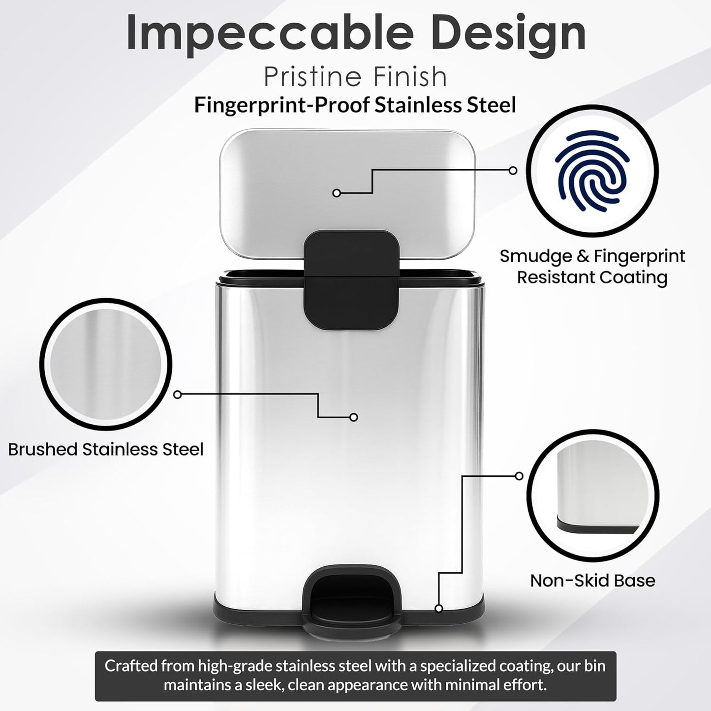 13 Gallon/50 L Trash Can with Lid - Rectangular Smudge-Resistant Kitchen Trash Can With Soft-Close Foot Pedal - Stainless Steel Garbage Can for Kitchen, Bathroom, or Office - Indoor and Outdoor Use