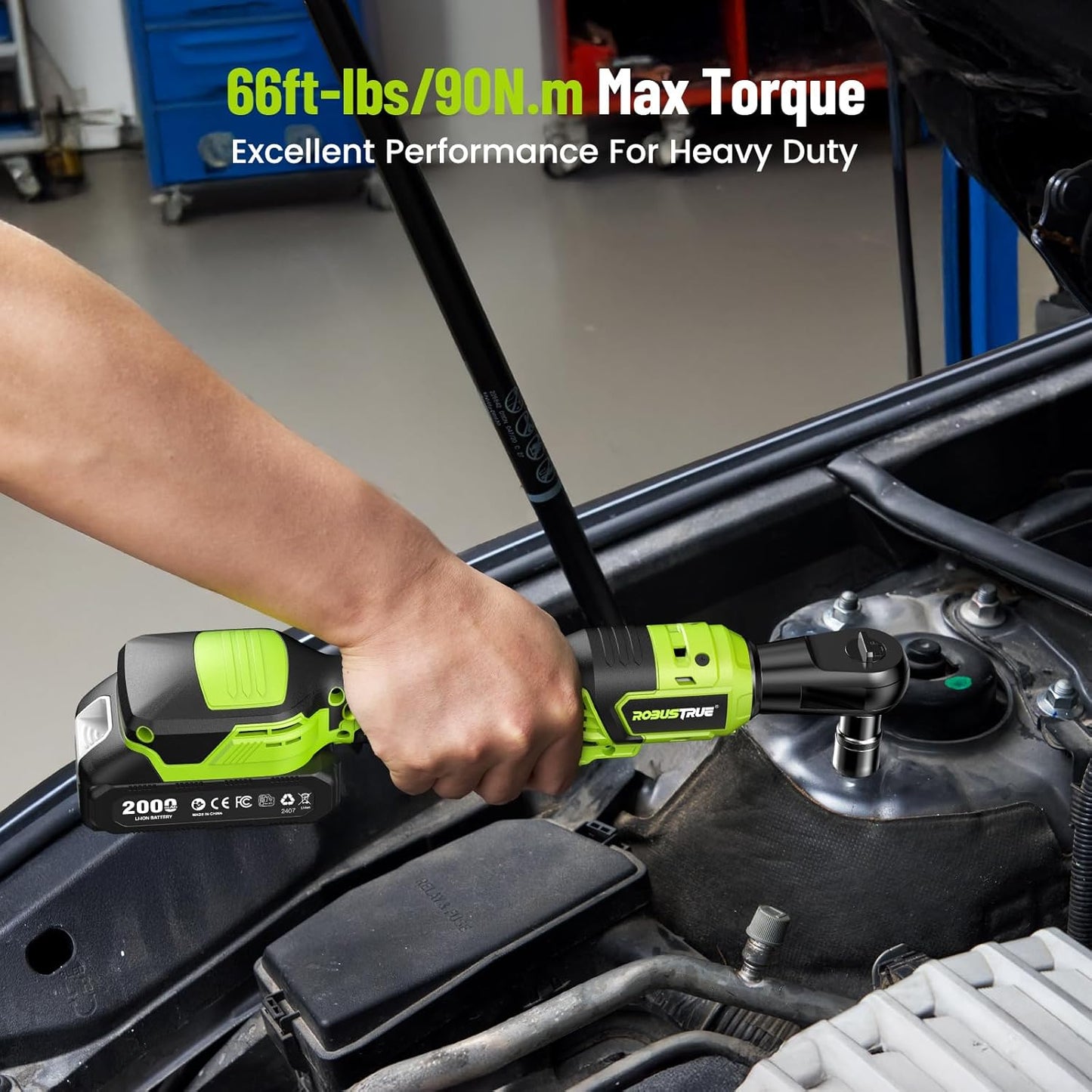 1/2" Electric Ratchet Wrench: 66Ft-lbs/400 RPM Variable Speed Cordless Power Ratchet Kit with 2x2000mAh Li-Ion Batteries, 8 Sockets, 1/4" and 1/2" Adapters, 3" Extension Bar for Auto Repair