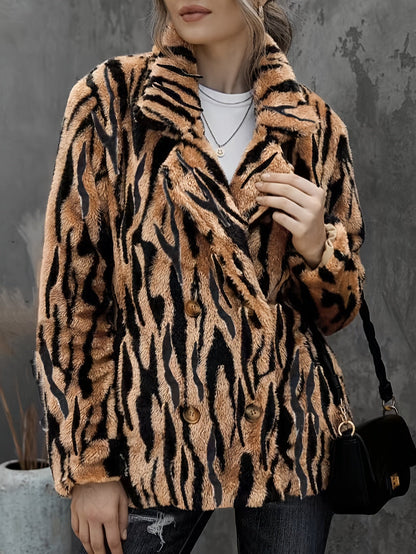 Plus Size Tiger Stripe Faux Fur Double Breasted Winter Coat