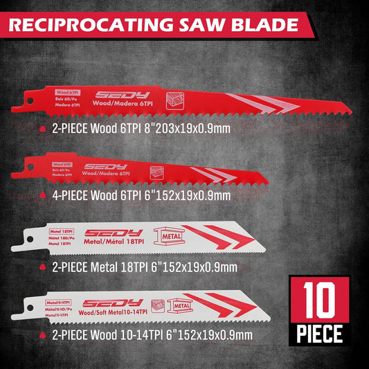 10-Piece Ultimate Reciprocating Saw Blade Set, Premium 6 & 8 Inch Wood & Metal Cutting Pruner Saw Blades with Storage Box