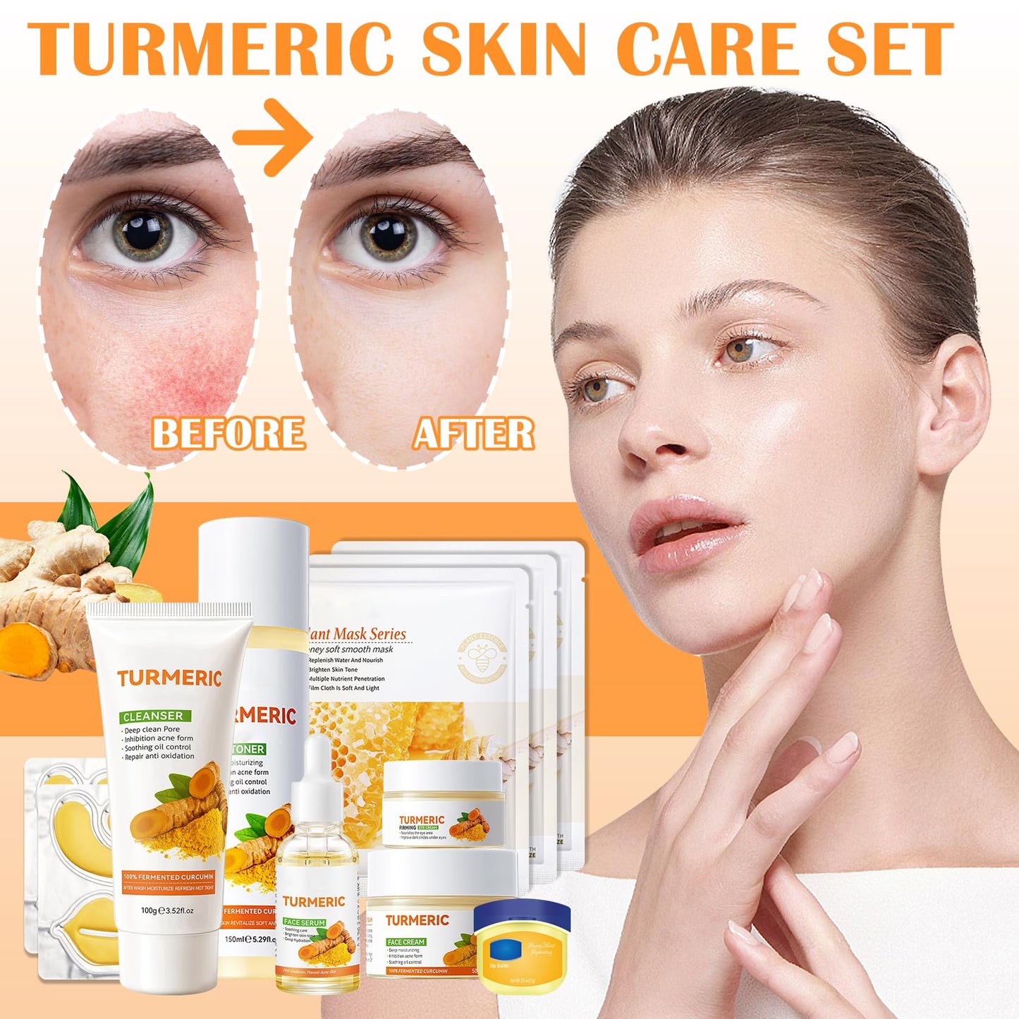 11PCS Turmeric Skincare Set, Skin Care Set with Turmeric Face Wash, Eye Cream, Toner, Facial Cream, Face Serum, Moisturizing Tinted Lip Balm, Under Eye Patches Set with 3 Honey Facial Masks