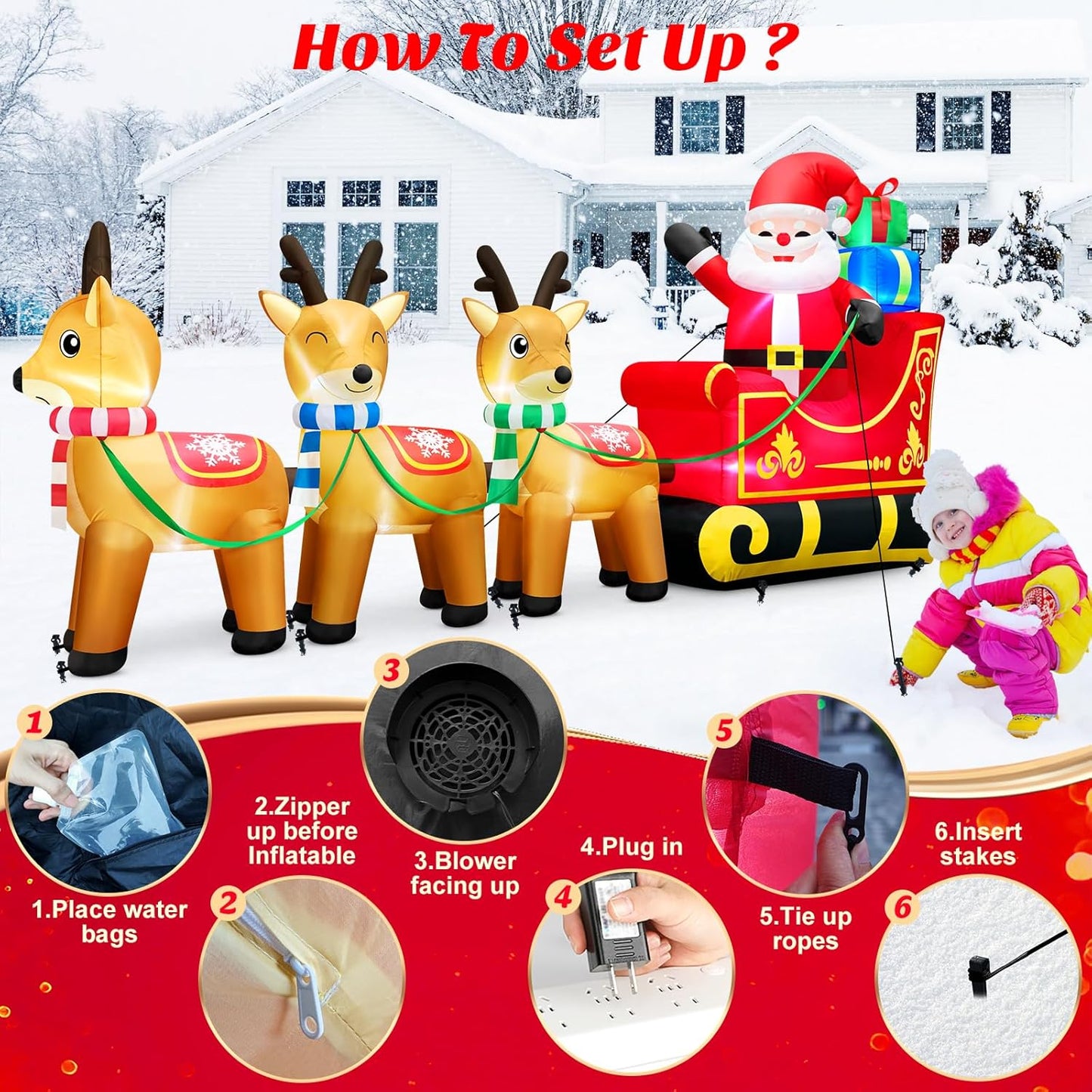 12 Foot Long Christmas Inflatables Santa Claus & Reindeer Sleigh Outdoor Decorations, Built-in LEDs Giant Funny Sled Merry Xmas Blow Up Yard Decoration Winter Inflatable Vacation Lawn Outside Blowups