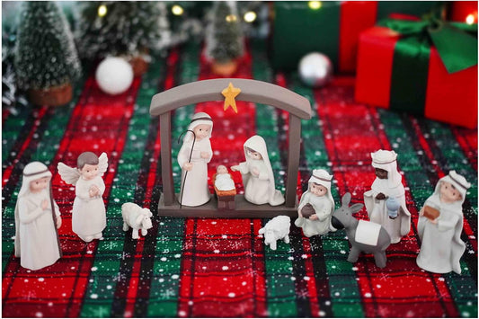 12-Piece Resin Christmas Nativity Scene Set – Miniature Holy Family Figurines with Manger and Animals, Indoor Holiday Tabletop Display